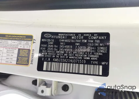 2017 Hyundai Tucson Sport из США, поврежденный, VIN KM8J33A21HU371519